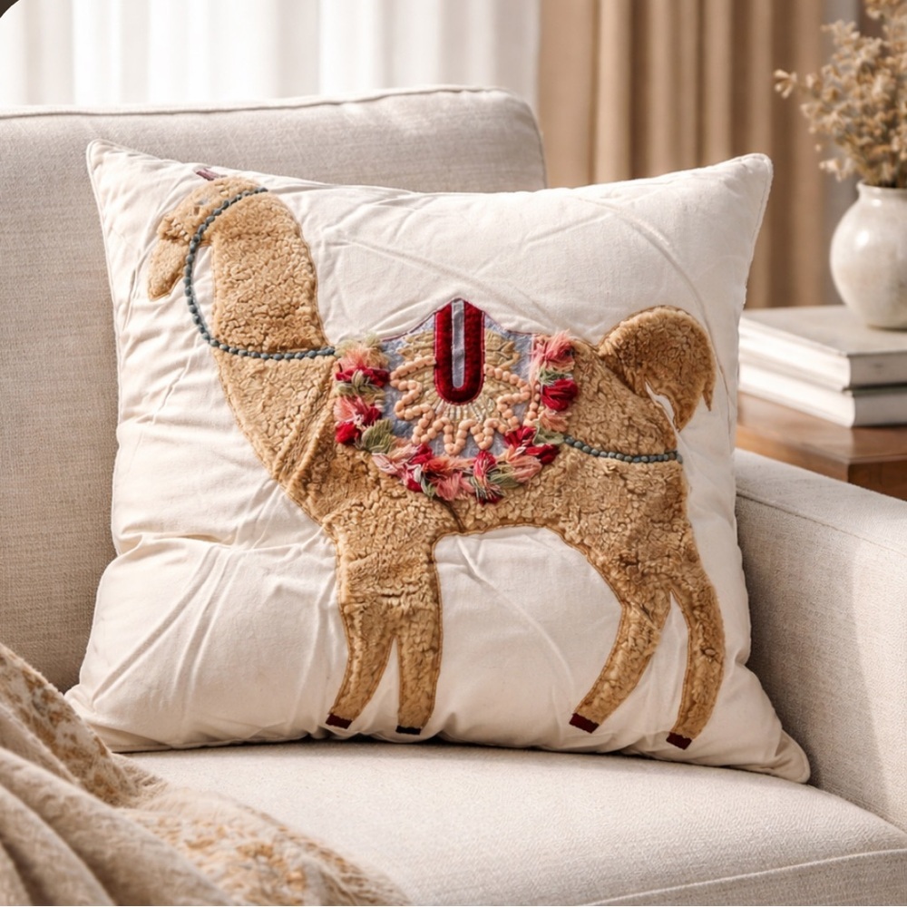 Decorative Camel big Pillow with Embroidered Accents